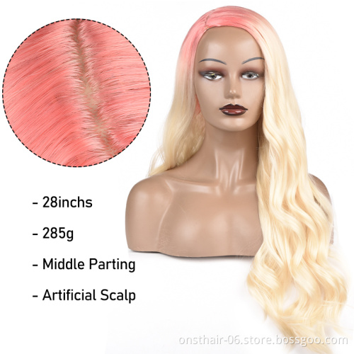 Best Price Premium Long Synthetic Wig 613 Body Wave Ombre 28inches Water Wave Wig  Middle Part For Black White Women Cosplay